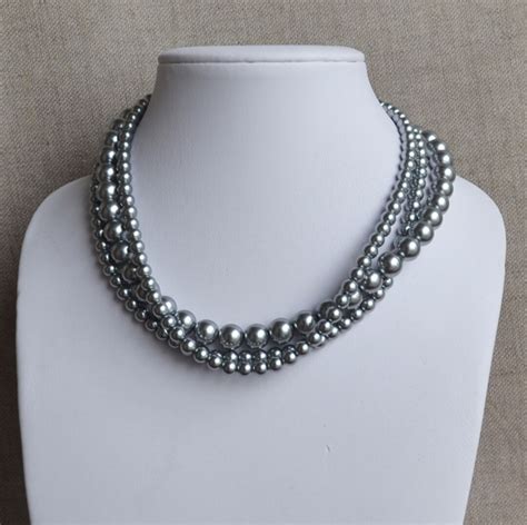 Gray Pearl Necklace Three Strands Pearl Necklaces6mm 10mm Etsy