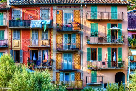 Colorful Facades With Balconies In Sospel Provence France Stock Photo