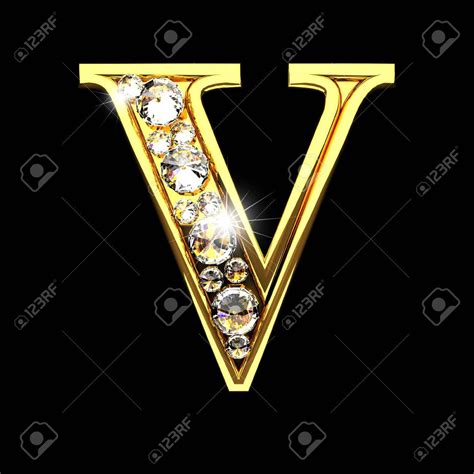 V Isolated Golden Letters With Diamonds On Black Affiliate Golden