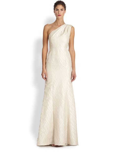 Ml Monique Lhuillier Jacquard One Shoulder Gown In White Pearl Lyst