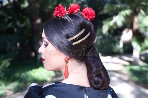 Detail Of Hairstyle Earrings Of Young Woman Flamenco Artist Brunette