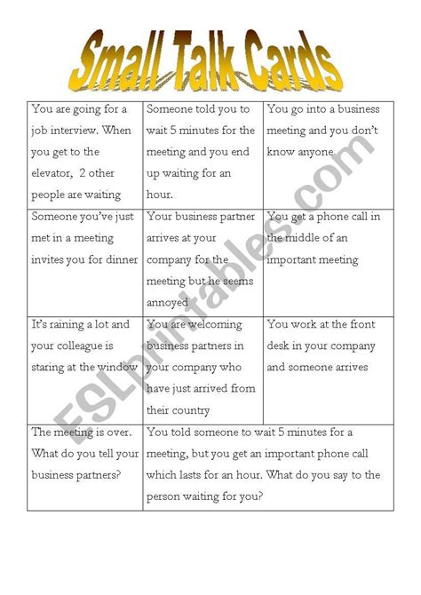 Small Talk Cards Worksheet Small Talk Esl Lesson Plans Learn English