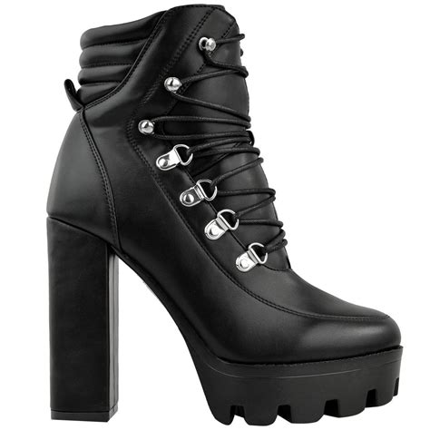 womens chunky block high heel platform ankle boots lace up black clubbing party ebay