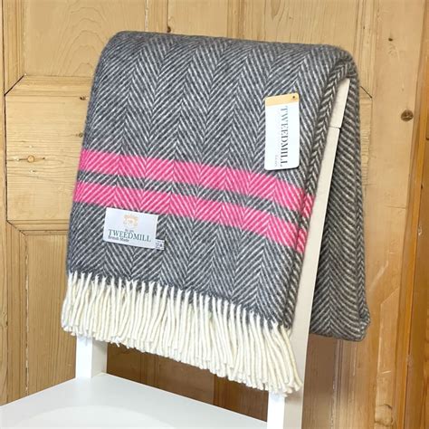 Two Stripe Slate Grey And Pink Wool Throw Tweedmill Blanket In Fishbone 2