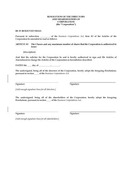 Canada Corporate Resolution Form To Amend Share Structure Legal Forms