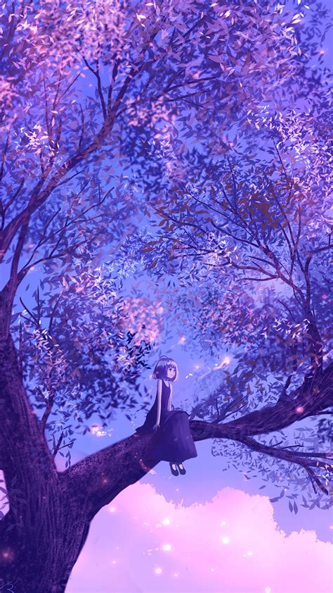 2160x3840 Anime Girl Sitting On Purple Big Tree 4k Sony Xperia Xxzz5