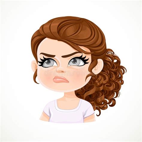 beautiful offended cartoon brunette girl with dark red hair portrait stock illustration