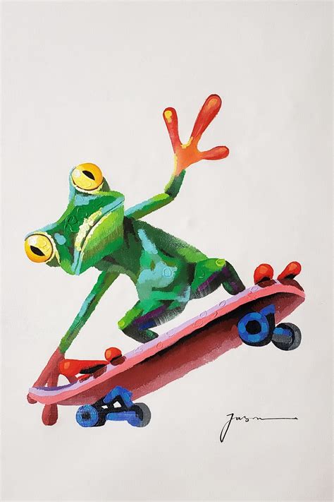 Frog On Skateboard 24x36 Acrylic And Oil Mixed Painting On Etsy