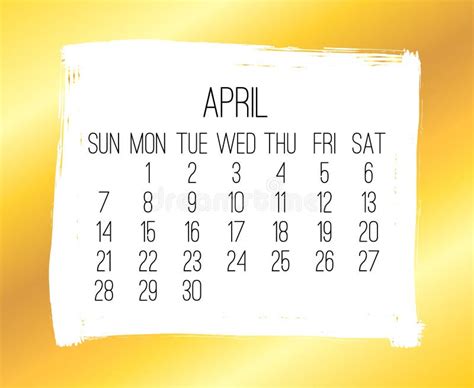 April Year 2019 Monthly Golden Calendar Stock Vector Illustration Of