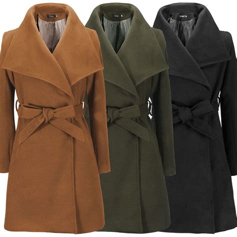 Women Warm Woolen Coat Slim Long Trench Coat Belt Winter Wool Blend