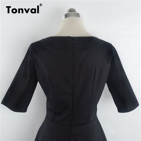 Tonval Autumn Dress Vintage Women Half Sleeve Embroidery Floral Dress Retro Rockabilly Black