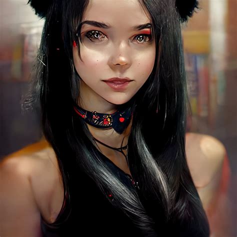 Prompthunt Beautiful Girl Black Hair With Black Cat Ears Shiny Red