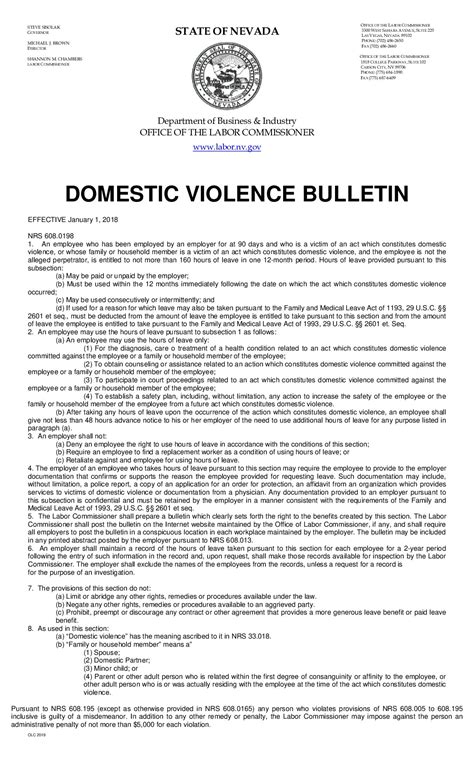 Free Nevada Domestic Violence Bulletin Labor Law Poster 2024