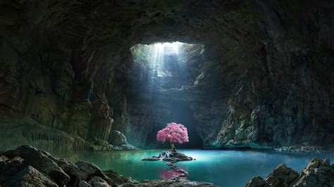 Beautiful Cherry Blossom Cave Lake Scenery 4k 6446 Wallpaper