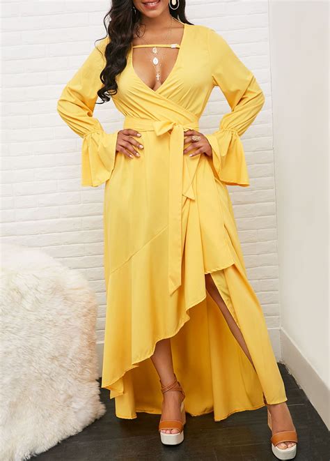 Long Sleeve Deep V Neck Yellow Maxi Dress Usd 2755