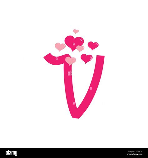 Pink V Initial Letter With Love Sign Valentine Vector Design Stock