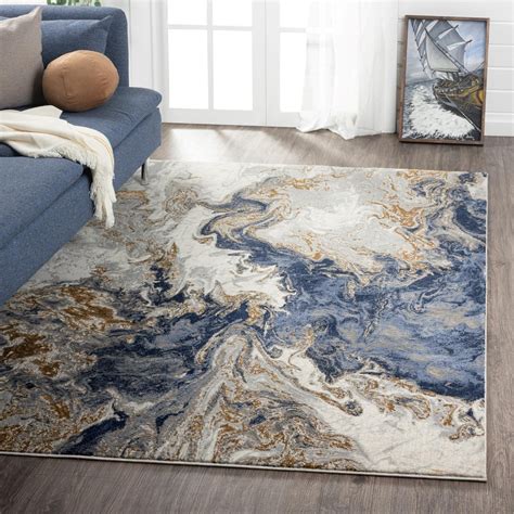 Luxe Weavers Marble Swirl Collection Blue Abstract 4x5 Area Rug Gold 3