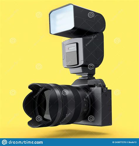 Nonexistent Dslr Camera With Lens And External Flash Speedlight On