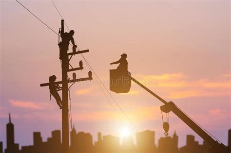 Silhouette Electrician Working On High Voltage Stock Photo Image Of
