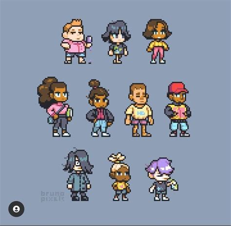 Some Pixel Art Style Characters Are Shown In Different Styles And Sizes Including The Female