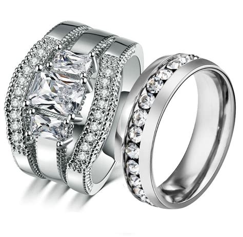 3pcs Wedding Couple Ring His And Her Ring Set Zircon Trendy Wedding