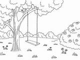 Swing Outline Tree Forest Landscape Vector Drawing Illustration Park Sketch Graphic Glade Clipart Trees Vectors sketch template