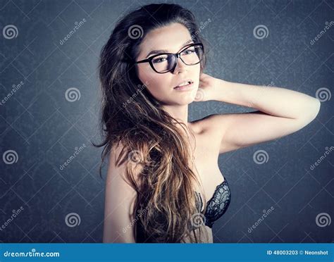 Portrait Of Brunette Woman In Glasses Stock Image Image Of Lingerie Happiness 48003203