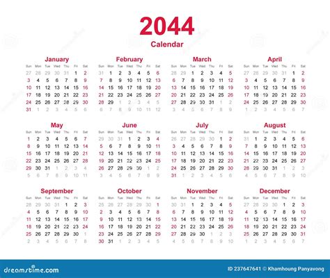 Calendar 2044 12 Months Yearly Vector Calendar In Year 2044