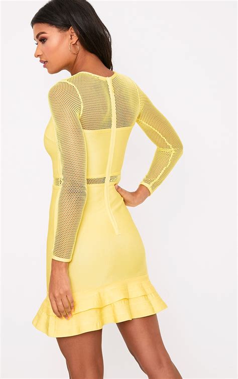 Yellow Fishnet Frill Hem Bandage Bodycon Dress Prettylittlething Usa