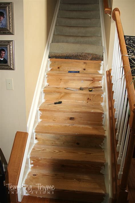 Stair Project Begins Removing The Carpet And Prepping Wood Tempting Thyme