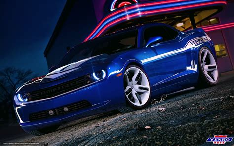 Download Wallpaper Blue Chevrolet Muscle Car Neon Lights Free