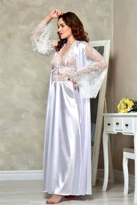 White Long Bridal Robe And Nightgown Set Satin Lace Peignoir Etsy