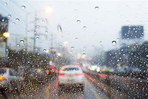 Road View Through Car Window With Raindrops Stock Photo Image Of