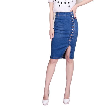 Jeans Skirt High Waist Women Button Pleated Denim Skirts Knee Length Casual Pencil Skirt Summer