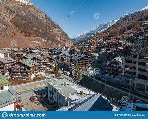 Aerial View On Zermatt Valley Town And Matterhorn Peak In The