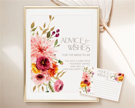Printable Fall Floral Bridal Shower Advice And Wishes Sign With Card