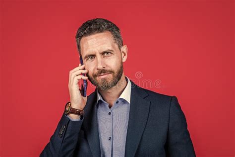 Mature Smiling Guy In Suit Speaking On Mobile Phone Business Call Stock Image Image Of