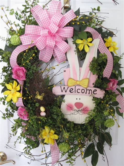Easter Welcome Wispy Spring Pink Yellow Bunny Floral