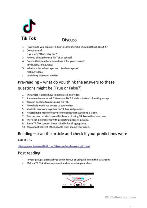 Tik Tok Reading And Speaking Lesson English Esl Worksheets For
