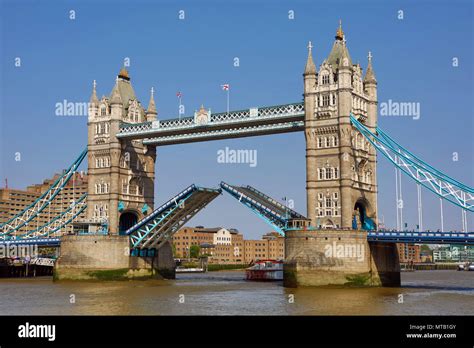 Tower Bridge Raised On The River Thames London Stock Photo Alamy