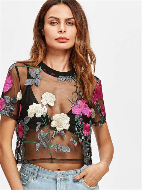 Flower Embroidered Mesh Top Shein Sheinside