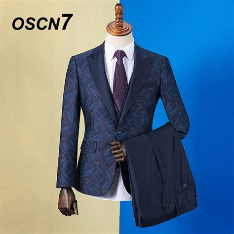Oscn7 2019 Peak Lapel Print Custom Made Suits Men Slim Fit Wedding