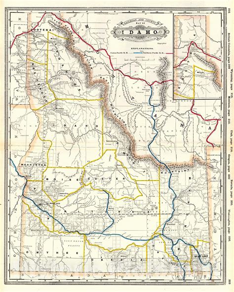 Historic Map 1887 Railroad And County Map Do Idaho Vintage Wall Art