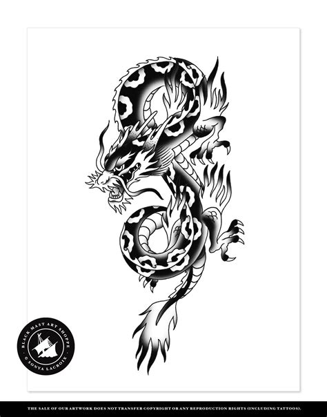 Dragon Japanese Traditional Tattoo Flash Black And White Etsy Uk
