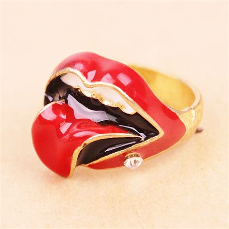 rolling stone rock and roll sexy tongue red lip crystal rhinestone lip ring · fabuless