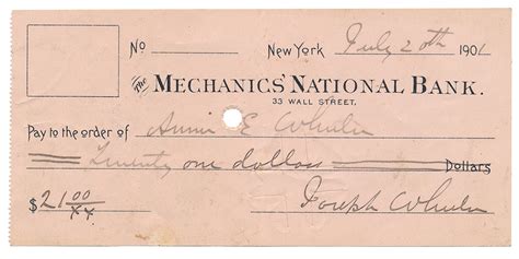 Mechanics National Bank Check Signed By Joseph Wheeler 1901 — Horse