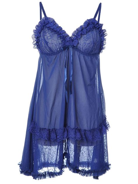 Sm Womens 2 Piece Sexy Blue Lace Ruffle Nightwear Sleepwear Lingerie