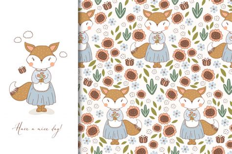 Hand Drawn Cute Fox In Apron Character Kids Animal Card And Seamless