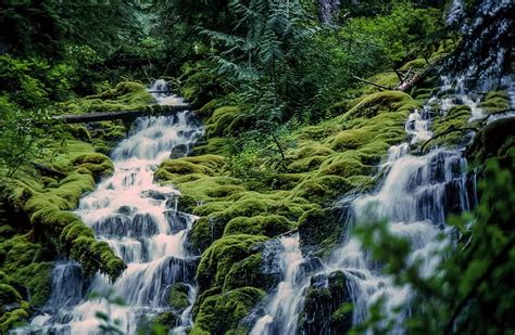 View Waterfalls Green Mountains Beautiful Fall Flowing Levels