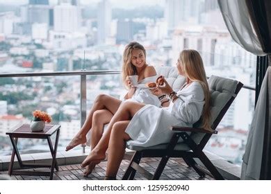 Beautiful Sexy Lesbians White Coat Morning Stock Photo